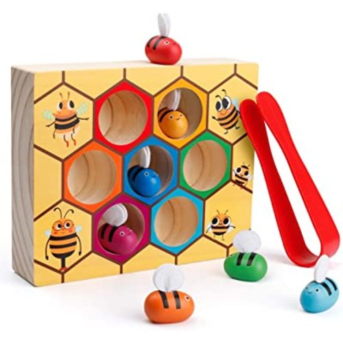 Coogam Kids Fine Motor Skill Toy, Clamp Bee to Hive Matching Game, Montessori Wooden Color Sorting Puzzle, Early Learning Preschool Educational Gift Toy for 3 4 5 Years Old Kids