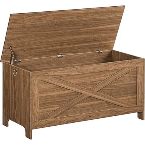 39.4" Toy Chest, Sturdy Entryway Storage Chest with Safety Hinges, Retro Toy Box, Wooden Look Accent Furniture for Living Room, Bedroom, Honey Brown SCOR48101