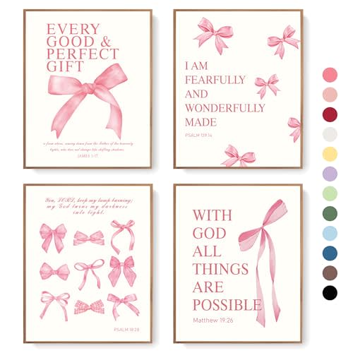 LARTSFRO Coquette Pink Bow Wall Art Decor Posters, Pink Bow Christian Room Bathroom Bedroom Dorm Wall Art Decor Aesthetic for College Teen Girls Gifts, Inspirational Bible Verses Bow Wall Decor, 10x8 Inch Set of 4 Pcs Bow Pictures (UNFRAMED)