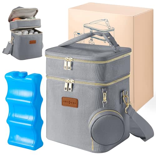 Breastmilk Cooler Bag with Ice Pack & Pacifier Case, Large Double Layer Insulated Baby Bottle Cooler Fits 6 Bottles, Breast Pump Storage Bag for Working Nursing Moms, with Gift Box