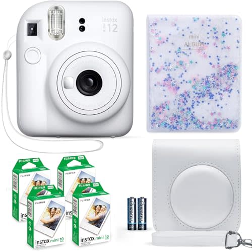 Fujifilm Instax Mini 12 Instant Camera Clay White + Fuji Film Value Pack (40 Sheets) + Shutter Accessories Bundle, Incl. Compatible Carrying Case, Quicksand Beads Photo Album 64 Pockets