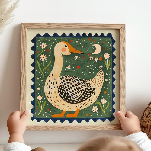 Folk Art Duck Wall Art Print, Whimsical Farmhouse Nursery Decor, Vintage Folk Animal Illustration, Playful Country Style Digital