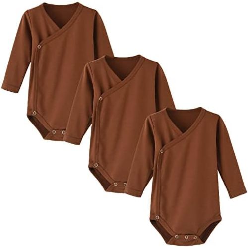 ACESTAR Baby Boy Girl Side Snap Bodysuits - 100% Cotton Plain Long Sleeve Baby Kimono for Newborn-12 Months, 3 Pack