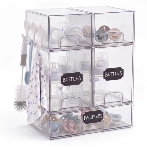 5 pack baby bottle storage organizer - clear acrylic stackable storage drawers with handles for baby bottles, kitchen countertop, pantry and vanity
