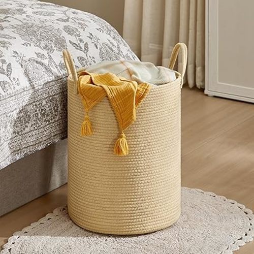 SONGMICS Laundry Hamper, Cotton Rope Laundry Basket with Handles, for Children, Toys, Clothing, Living Room, Bedroom, 60 L, 35 x 35 x 50 cm , Yellowish Brown URLH061KZ01
