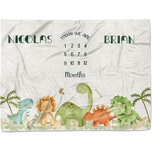 MDPrints Personalized Twin Milestone Blanket, Custom Monthly Baby Blankets with Name for Boys and Girls, 30x40 & 50x60inch Soft Plush Fleece (Dinosaur)