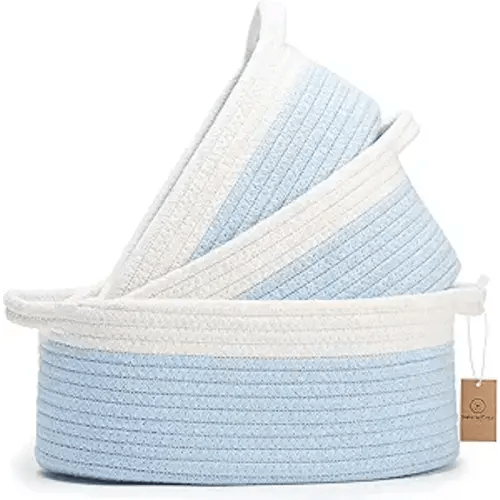 3-Piece Oval Storage Basket Set– Soft Natural Rope Woven Baskets for Storage Shelf, Toy, Nursery, Gift, Baby Shower, Pets Cat Dog Bins | Small Basket for Organizing (Off White & Blue)