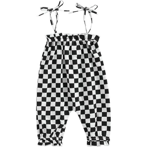 Infant Baby Girls Summer Jumpsuits Checkerboard Plaid Sleeveless Tie-up Smocked Romper Overalls One Piece Outfits