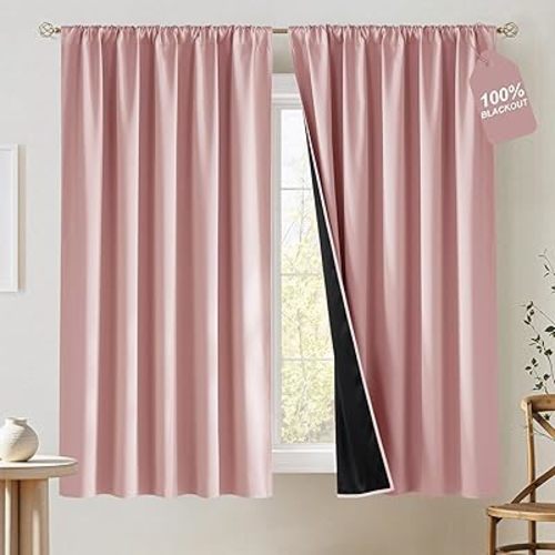 NICETOWN 100% Blackout Pink Curtains 63 inches Long, Rod Pocket Light Blocking Window Treatment Thermal Insulated Drapes for Girls Room, W52 x L63, 2 Panels