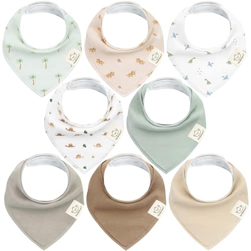 8-Pack Organic Baby Bandana Bibs for Boys, Girls - Super Absorbent Triangle Baby Bibs for Drooling and Teething Infant, 100% Cotton Extra Soft for Newborn, Infant 0-36 Months (Roarsome)