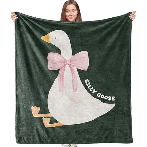 Silly Goose Decor Blanket, Big Pink Bow Blankets, Cute Goose Theme Blanket Throws for Girls Kids Bedroom Couch, Coquette Gifts for Trendy Girls Women,Goose Gifts for Women 50x60 Inches