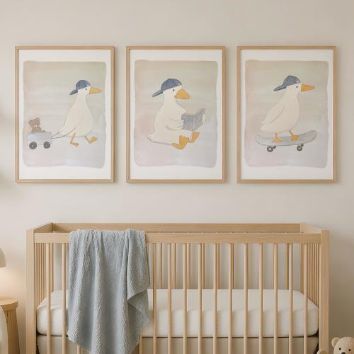 Duckling Watercolor Prints | Nursery Decor, Wagon, Book, Skateboard (Set of 3)