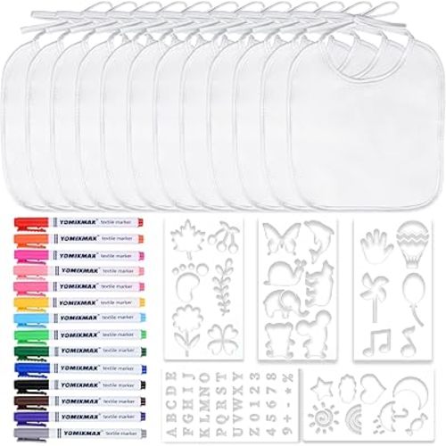 GOLDGE Dazzle at Baby Showers with a 44-piece DIY Bib Decorating Kit. 24 Bibs, 6 Stencils, 14 Markers (24 Bibs)