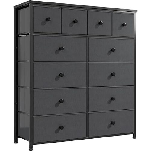 Dresser for Bedroom with 12 Drawers, Fabric Dressers & Chest of Drawers with Sturdy Metal Frame, Wood Top, for Woman, 40.6" W x 11.8" D x 44.5" H (Dark Grey)