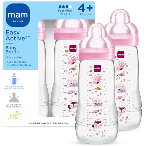 MAM Easy Active Baby Bottle 2 Pack, 11oz, BPA Free, Fast Flow Silicone Nipple, Anti-Slip Grip, Leak-Proof, 4+ Months, Purple Iris