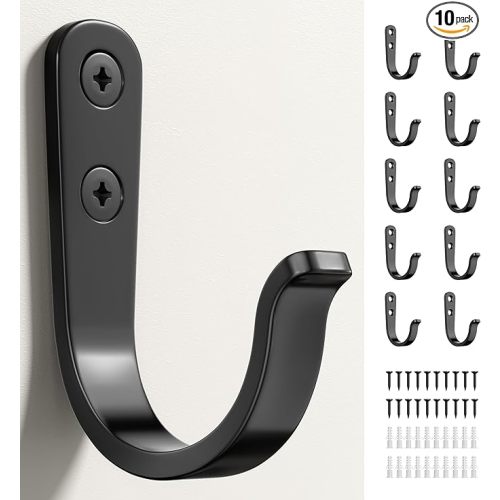 10Pcs Wall Hooks for Bathroom, Kitchen, Closet, and Garage - Black Metal Hooks for Hanging Coats, Towels, Hats, Keys, Bags, and Coffee Cups - Holds Up to 40 lbs | for Bathroom, Kitchen, Closet, and Garage, for Hanging Coats, Towels