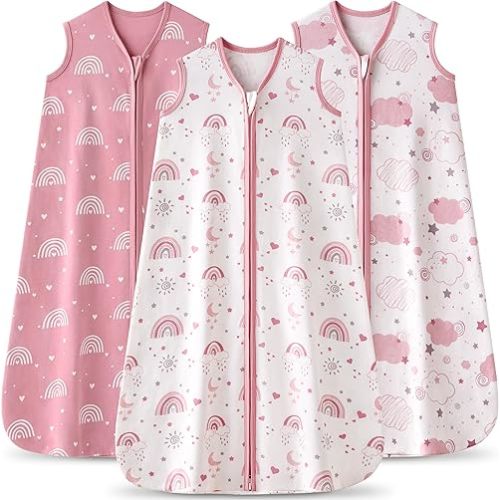 Baby Sleep Sack 6-12 months, 100% Cotton Sleeping Sack for Newborn and Infant, 3 Pack Baby Wearable Blanket, 0.5 Tog Lightweight Double Zipper Sleep Bag Medium Pink Rainbow