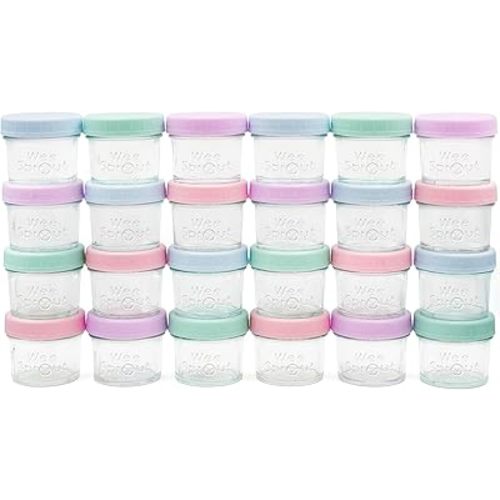 WeeSprout Baby Food Storage Glass Jars w/Lids (4 oz, 24 Pack) Pastel Variety, Snack, Reusable Small Containers, Fridge or Freezer, Microwave & Dishwasher Safe, Essentials for Infants