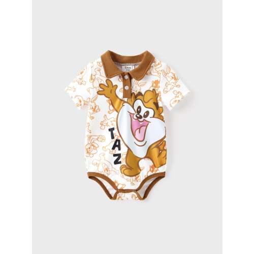 Looney Tunes Baby Boy Stitching Print Colorblock Polo Collar Jumpsuit Brown