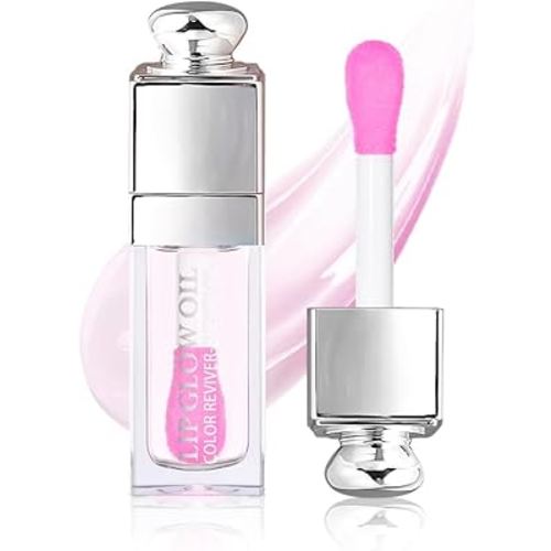 Hydrating Lip Glow Oil, Lip Oil Gloss Transparent Toot Tinted Nourishing Long Lasting Repairing Lightening Lip Lines (CLEAR TO PINK) 0.2 OZ