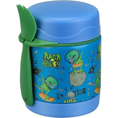 10oz Soup Thermo for Hot Food Kids, Leak Proof Stainless Steel Wide Mouth Lunch Food Jar with Spoon, Dinosaur Blue