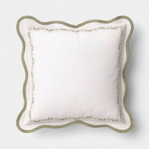 18''x18'' Woven Pillow with Embroidery and Scallop Ivory and Green - Threshold™