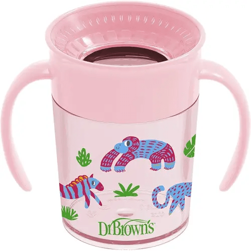 Dr. Brown's Milestones Cheers 360 Spoutless Transition Cup with Handles, Travel Friendly and Leak Free Sippy for Babies and Toddlers, Pink Animals, BPA-Free, 7 oz/200 mL, 6m+, 1-Pack