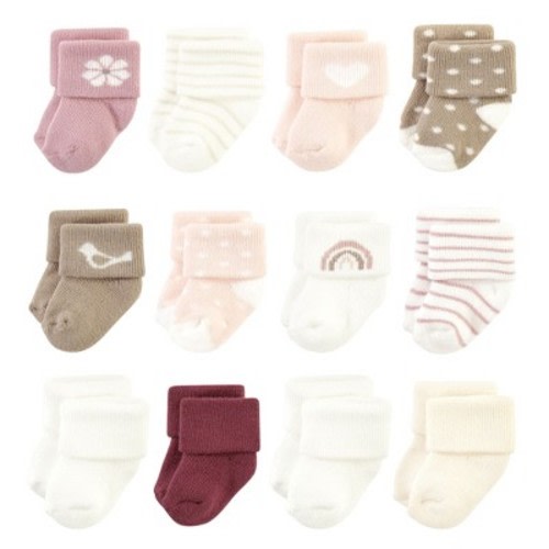 Hudson Baby Basics Infant Baby Cozy Terry Baby Sock 12-Pack, Sweet Rose Hearts, 6-12 Months