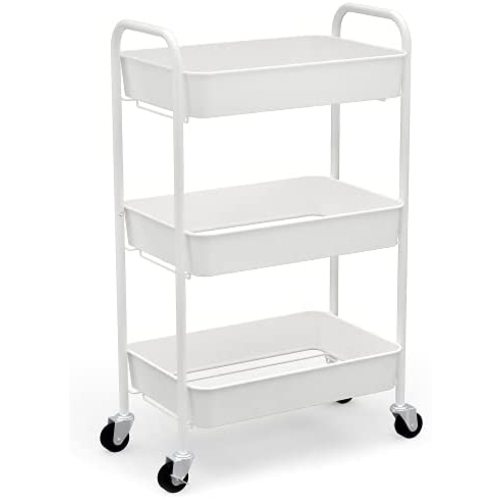 CAXXA 3-Tier Rolling Metal Storage Organizer - Mobile Utility Cart Kitchen Cart with Caster Wheels, White