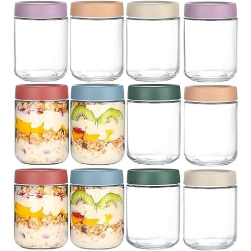 Artcochan Overnight Oats Containers with Lids 16 oz Glass Jars Glass Mason Jars with Airtight Lids, Perfect for Oats, Yogurt, Chia Pudding (12)