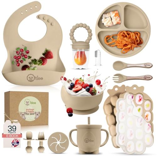 O'doe Baby Weaning Set – 15 Pcs Silicone Baby Feeding Set with Suction Plate, Bowl, Bib, Sippy Cup, Fruit Feeder, Freezer Tray