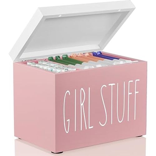 DRASTAR Tampon Holder for Bathroom, Pink Lady Stuff Box for Bathroom Accessories, Pink Bathroom Decor,Feminine Product Organizer, Pad Organize Case with hinged lid, Shark Week Tampon Storage
