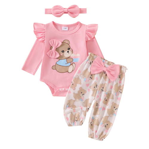 Suealasg 3Pcs Newborn Baby Girls Fall Outfits Clothes Set 3 6 9 12 18 Months Infant Girls Crew Neck Long Sleeve Bear Print Romper Long Pants Headband Set