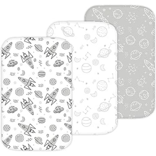 Bassinet Sheets for Maxi-Cosi Iora, Papablic 2 in 1 Bonni, Cowiewie Baby Bassinet Bedside Sleeper, 3 Pack, 33x20 Inch, Ultra Soft, Breathable Snug Fit, Unisex Boys Girls, Gray White (Space Rockets)