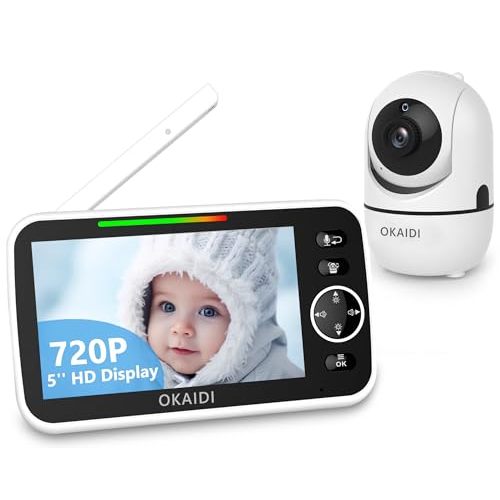 OKAIDI 5" HD Baby Monitor with Camera and Audio, 720P Display, 5000mAh Battery, Remote Pan-Tilt, 3X Zoom, Night Vision, 2-Way Talk, Temperature,Lullabies,1000ft Range Baby Monitor No WiFi