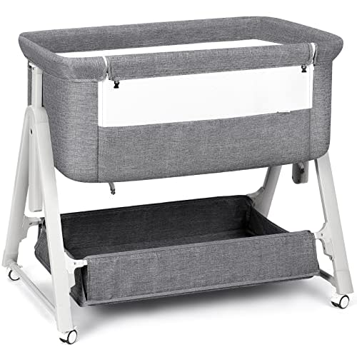 Cowiewie Bassinet Bedside Sleeper,3-in-1 Baby Bassinet with Comfy Mattress & Wheels,Easy Folding Portable Bedside Bassinet for Baby with Storage & Travel Bag,Breathable Mesh,Stable & Secure(Dark Gray