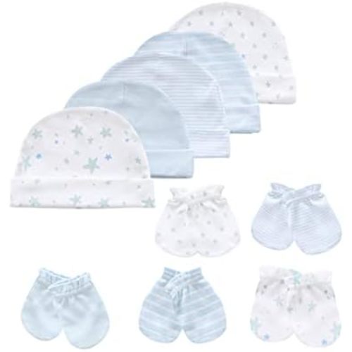 MAMIMAKA Baby Hat and Mittens Set Newborn Baby Hats Caps for Baby Boys Girls 0-6 Months 100% Cotton