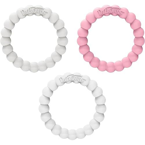 Dr. Brown's Flexees Beaded Teether Rings, 100% Silicone, Soft & Easy to Hold, Encourages Self-Soothe, 3 Pack, Pink, White, Gray, BPA Free, 3m+