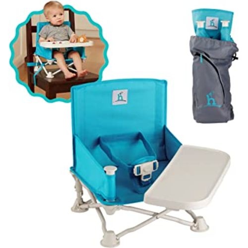 Hiccapop OmniBoost Travel Booster Seat with Tray for Baby | Folding Portable Seat for Dining Table, Camping, Beach, Grandma’s | Tip-Free Design Straps to Kitchen Chairs