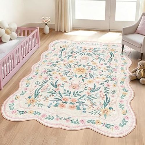 Pink Floral Rug 5X7 for Girls Bedroom or Nursery, Scalloped Washable Non-Slip Area Rug, Cute Soft Boho Carpet for Kids Room, Dorm, or Playroom