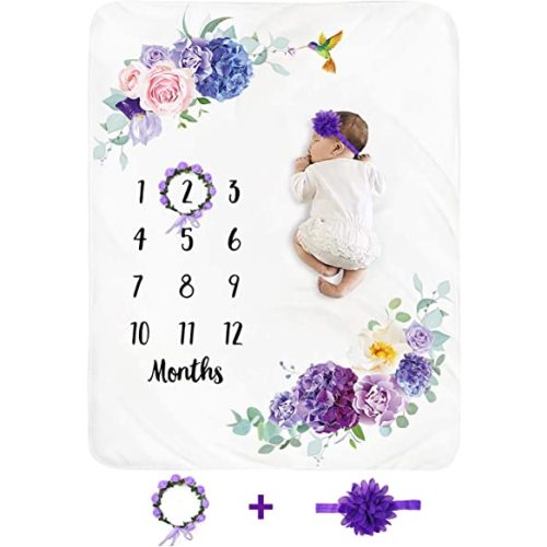 Baby Monthly Milestone Blanket Girl - Floral Newborn Month Blanket Personalized Shower Gift Soft Plush Fleece Photography Background Photo Prop Flower Rugs with Wreath Headband Large 51''x40''