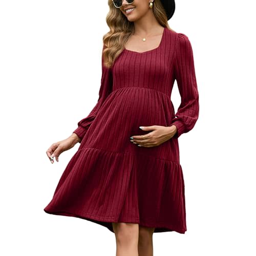 GINKANA Womens Maternity Sweater Dress Square Neck Long Sleeve Fall Casual Pregnancy Babydoll Knit Dresses with Pocket