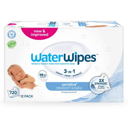WaterWipes Sensitive+ Newborn & Baby Wipes, 3-In-1 Cleans, Cares, Protects, 99.9% Water, Unscented & Hypoallergenic, 720 Count (12 Packs)