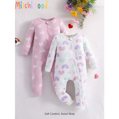 2pcs/Set Little Girls Heart & Rainbow Cartoon Allover Print Snug Fit Zipper Suit, Comfortable Wear For 4 Seasons | SHEIN USA