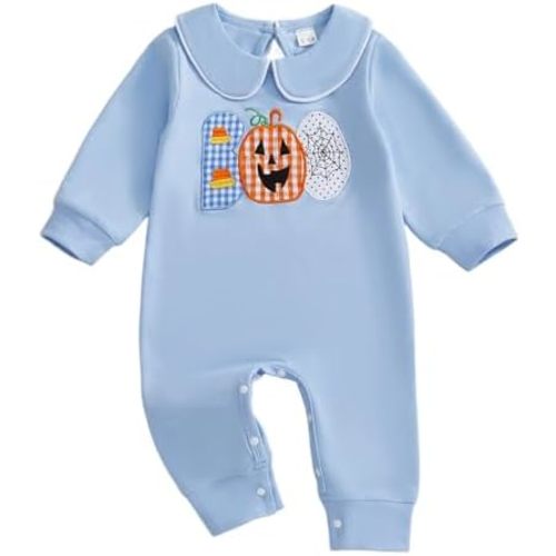 Newborn Baby Boy Halloween Outfit Long Sleeve Ghost/Pumpkin Embroidery Romper Peter Pan Jumpsuit Fall Clothes 0-18M