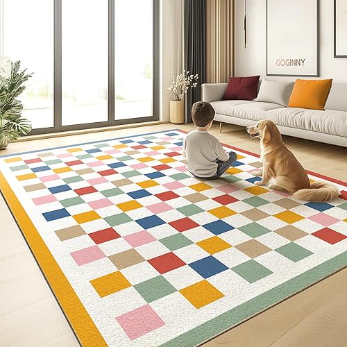 Washable 5x7 Checkered Area Rug for Living Room, Colorful Rainbow Checkerboard Modern Large Rugs, Faux Wool Low Pile Lightweight Indoor Carpet with Non-Slip Backing for Bedroom Kids Nursery Play Room