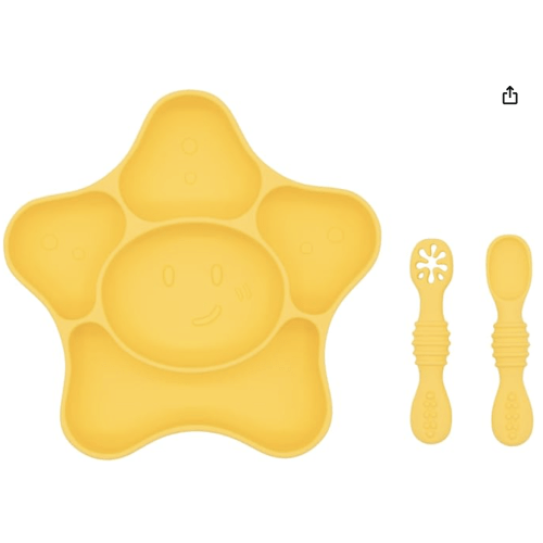 Silicone Feeding Set (3 PCs) Cove & Coast Series, Baby Plate with Suction Cup, Training Spoon and Fork, BLW Utensils for Toddler Kid, BPA-Free, Microwave/Dishwasher Safe - Yellow Sea Star
