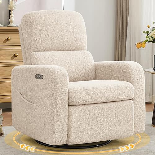 Power Swivel Rocker Recliner, Oversized Electric Boucle Recliner Chair, Swivel Glider Nursery Reclienr with Removable Cushion, Upholstered Recling Chair for Living Room Bedroom, Teddy Apricot