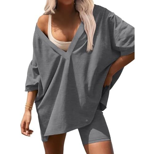 Ekouaer Womens 2 Piece Lounge Set 2025 Summer Outfits Oversized V Neck Tshirts Biker Short Comfy Airport Loungewear
