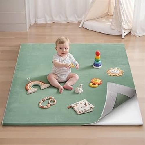 Blissful Diary Ultra Soft Baby Play Mat, 50x50 Floor Mat with Removable & Washable Slip-On Cover for Babies and Toddlers Infants, Sage Green